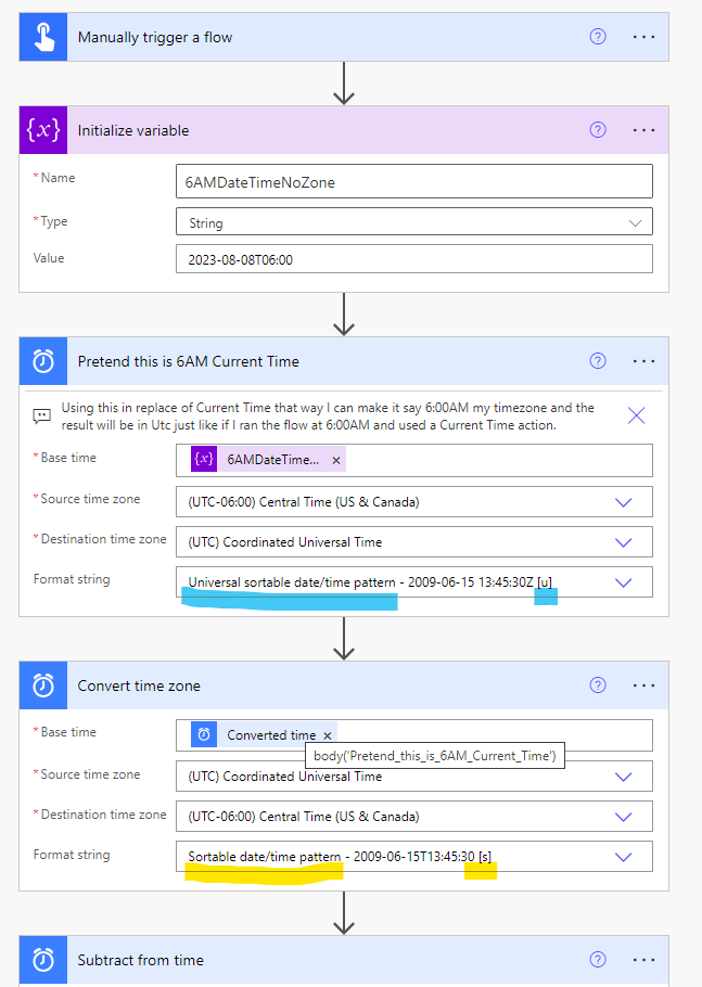 Example Flow Detail - Getting Current Time of 6AM as utc