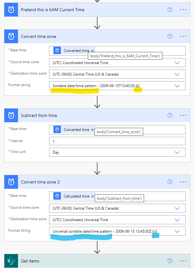 Example Flow Detail - Converting utc to current timezone and subtracting -1 a day