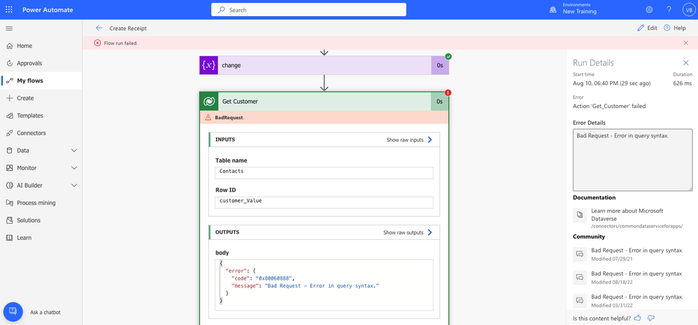 Error when testing the flow