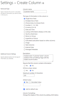 List Settings - Create Column "Customer Name"