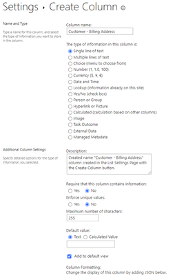 List Settings - Create Column "Customer - Billing Address"