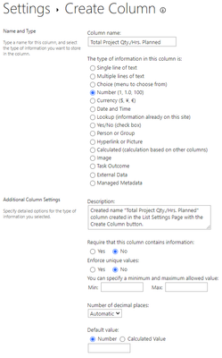 List Settings - Create Column "Total Project Qty./Hrs. Planned"