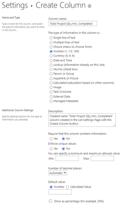 List Settings - Create Column "Total Project Qty./Hrs. Completed"