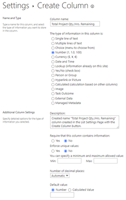 List Settings - Create Column "Total Project Qty./Hrs. Remaining"