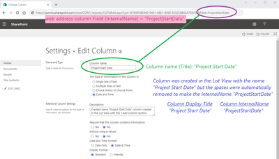 List Settings - Edit View Column "Project Start Date"