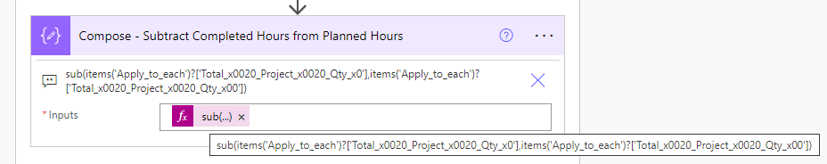 Subtract Expression - Planned Hours and Completed Hours