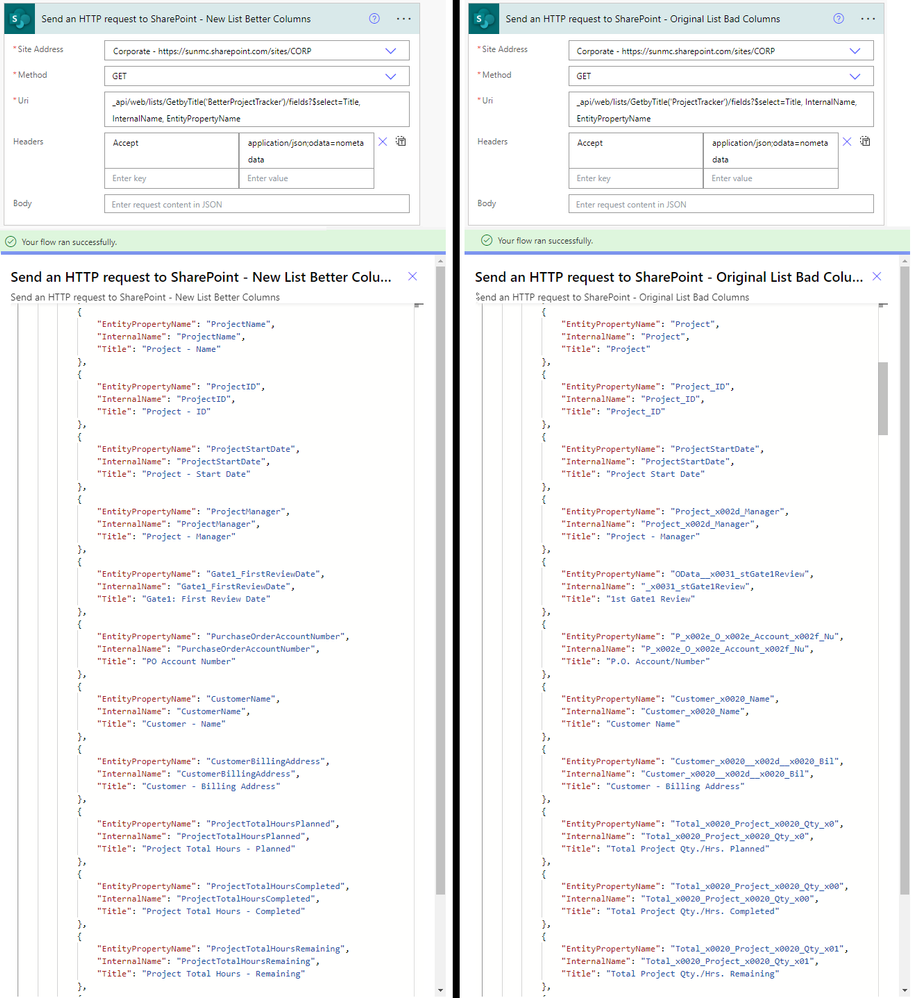 Compare New List BetterProjectTracker to Old List ProjectTracker - columns are easier to read if created with a clean name and then edited