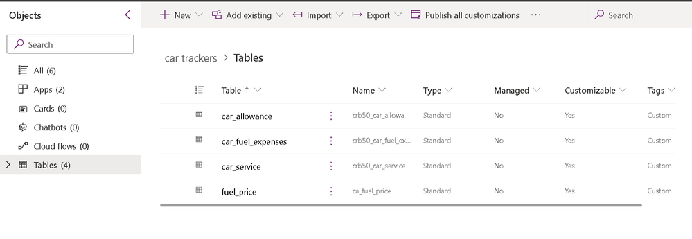 dataverse tables