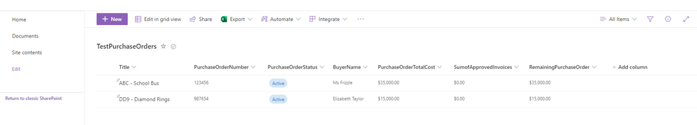 Purchase Order Initial List View