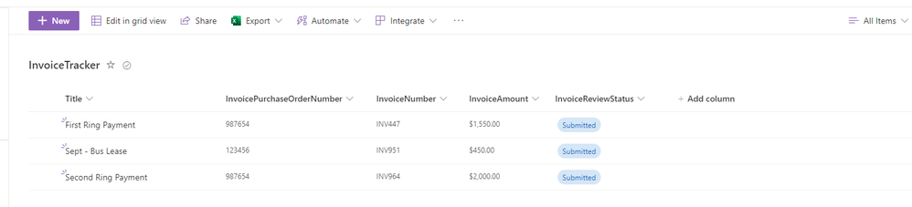 Invoice Tracker with 3 submitted Invoices