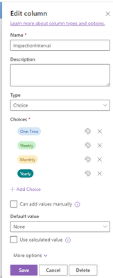 Column - Inspection Interval - has time options for inspections (One-Time, Weekly, Monthly, Yearly)