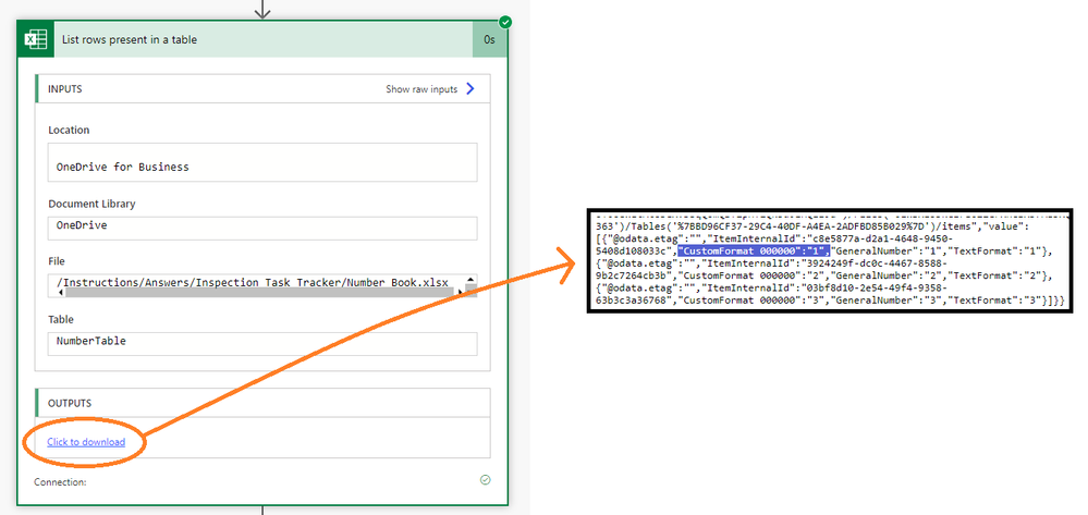 Outputs of List Rows in a Table - The value from the cell is text "1"