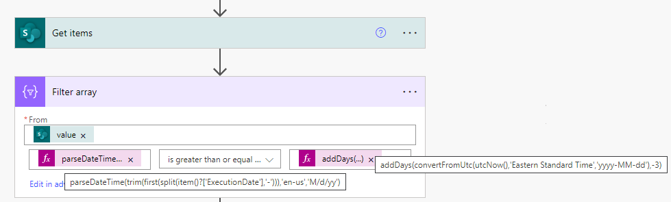 Updated Basic Filter Array - Execution Date is greater or equal than 3 days ago