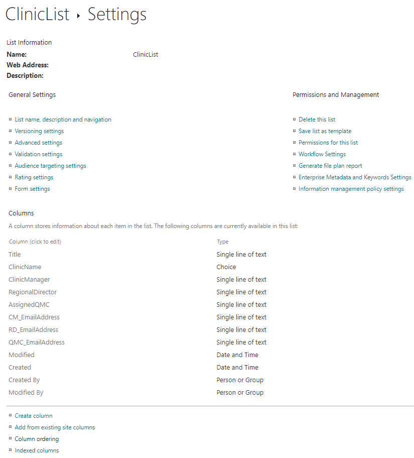 Lookup Source Clinic List - List Settings and Column Types