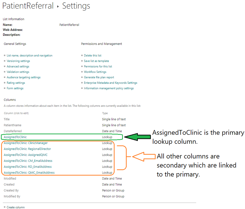 Main Action List Patient Referral - List Settings Column Types