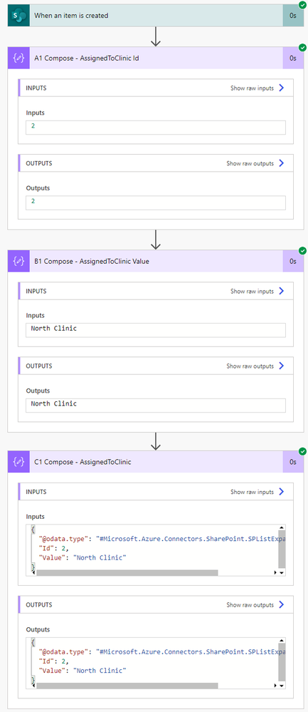 The results of the flow show the outputs for each type of dynamic content option