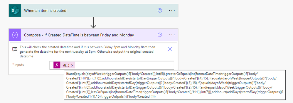 This uses the SP Created datetime output in the expression. (I was not able to test this.)