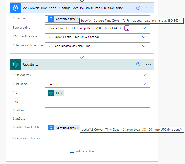 A2 uses the output of local time from A1 to convert to UTC timezone and then updates the item.