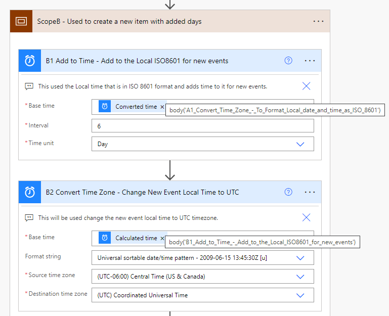 Zoom Scope B - actions B1 will add to the original local time and B2 will convert to UTC