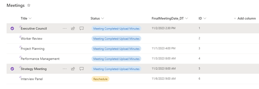 Example SharePoint List - column "FinalMeetingDate_DT"