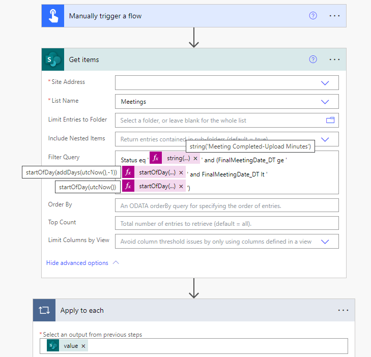 Filter Query only returns matched Status and Final Meeting Date of Yesterday