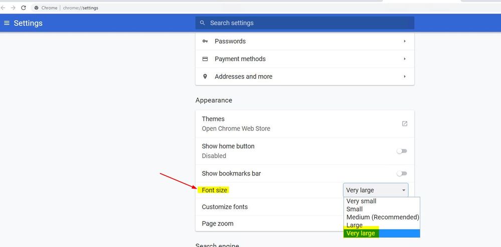 Chrome Font Size setting