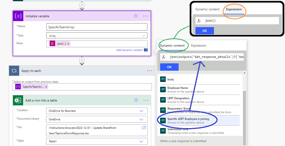 Use the Json() function on the Form Response dynamic content to put into the Array