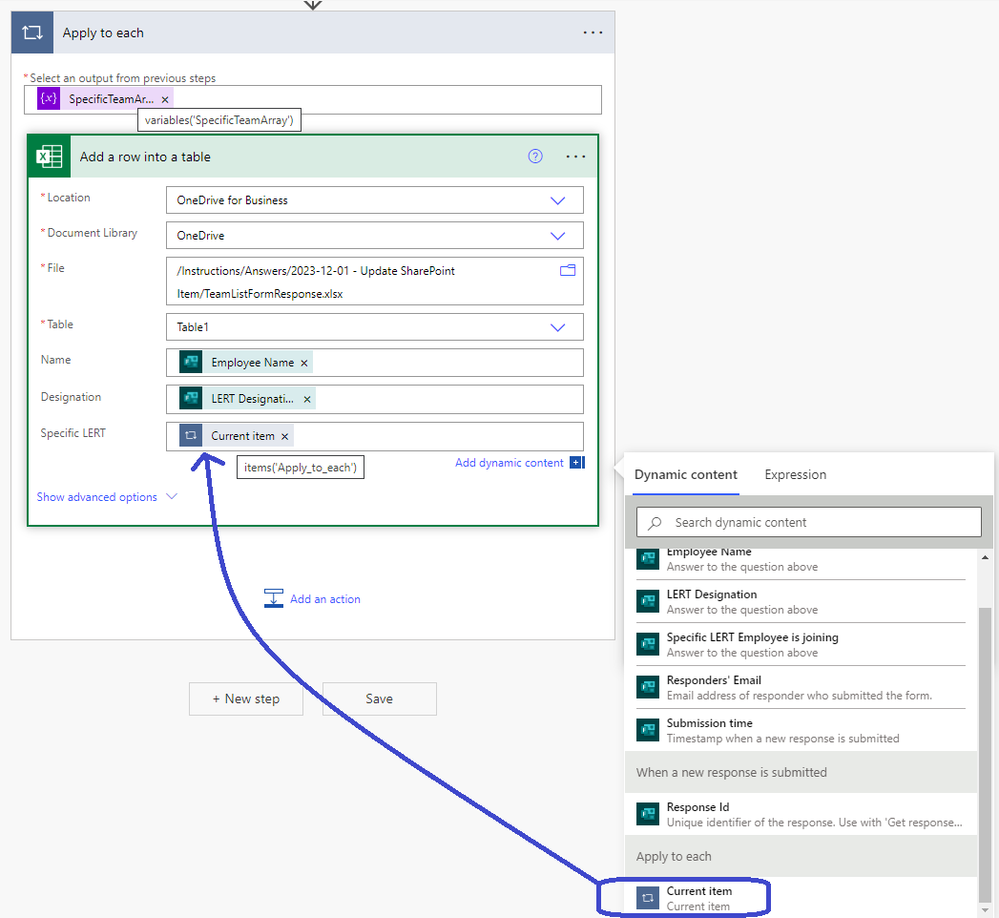 Create an Apply to Each and put the Array Variable outputs as the source - then select the Current Item dynamic content in the Excel field