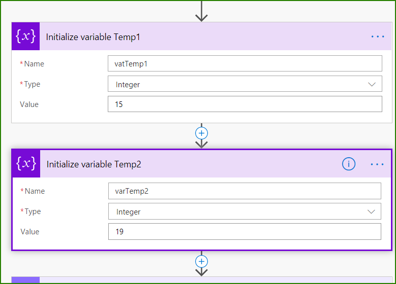 Initialize 2 variables with the temperatures