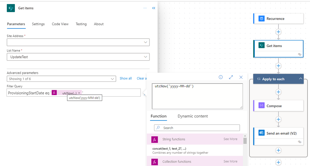 Get Items uses a Filter Query on the column ProvisioningStartDate eq 'utcNow('yyyy-MM-dd')'