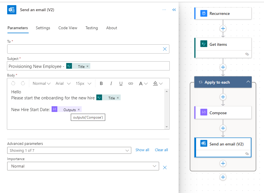 Send an Email uses the outputs of the Compose in the body for the StartDate