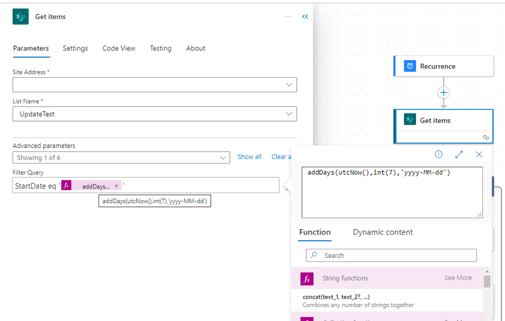 Filter Query using the StartDate eq 'addDays(utcNow(),int(7),'yyyy-MM-dd')