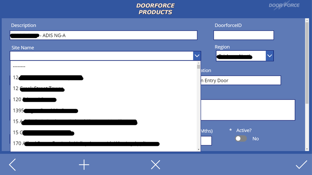 Edit screen for the selected record. You can see that Site Name's are visible in the dropdown control (via Site ID lookup in related table, dbo.'Sites'). The Region dropdown box is the same.