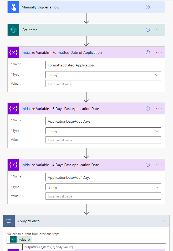 Get Items from List and Initialize Variables, leave the variables blank.