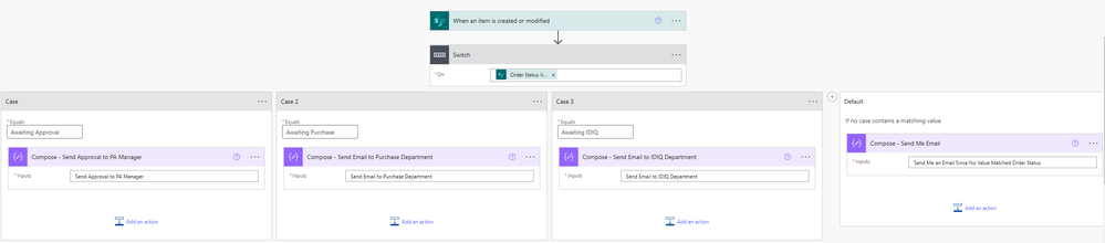 Switch control uses the value to determine which Case to use. Each case is like a separate branch of the flow.