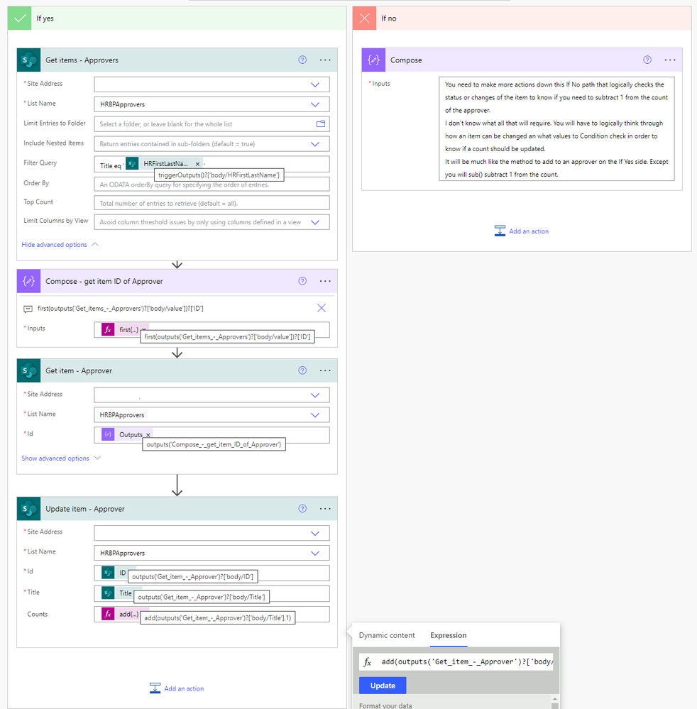 These steps get the Approver id and then updates the count by adding 1 to it's current count.