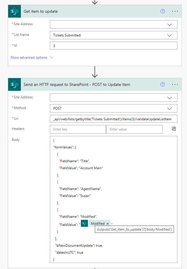 Get Item - Update Item with HTTP Request using  it's own Modified time to update the Modified time and remain the same.