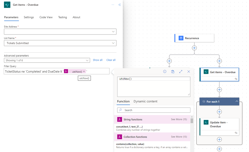 Get Items - Overdue - this has a Filter Query that gets items with a date Less Than lt today uctNow()