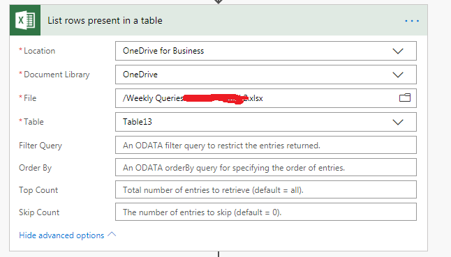 list rows present in a table