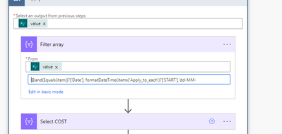 @and(Equals(item()?['Date'], formatDateTime(items('Apply_to_each')?['START'],'dd-MM-yyyy')),Equals(item()?['Date'], formatDateTime(items('Apply_to_each')?['FINISH'],'dd-MM-yyyy')))