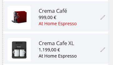 Screenshot of two items in the gallery, having their Prices shown in a German (de-DE) format