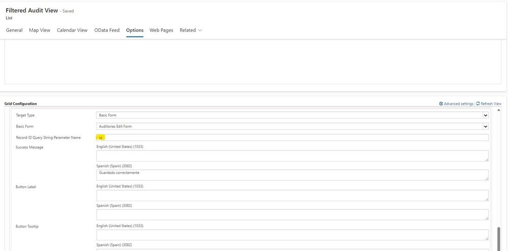 List setup showing parameter 'Id'