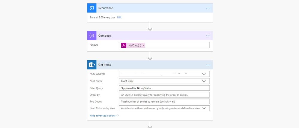 Compose is grabbing Today +0. Get items Filter Array is filtering on only those statuses.