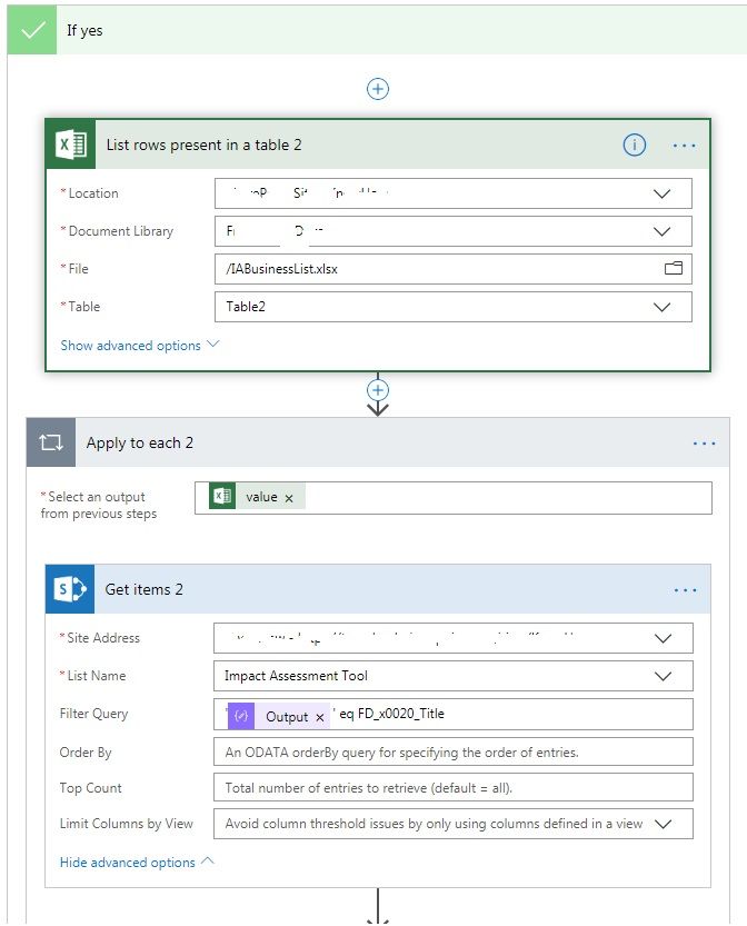 Excel is the static list of  21 business areas. Filter query in Get Items 2 is filtering Compose 4, so we are only looking up the relevant entries.