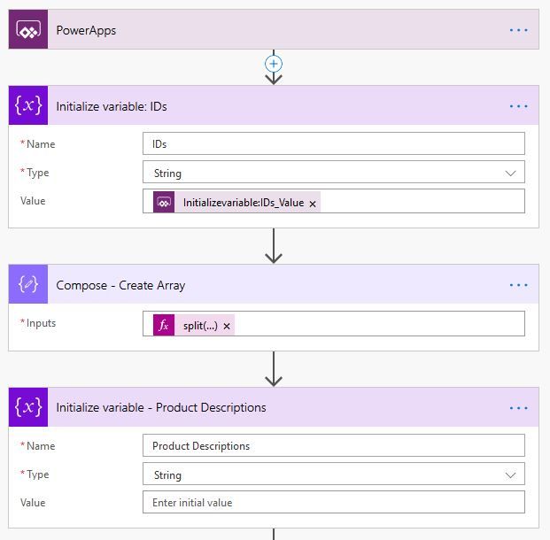 First, we get the product IDs as a string from PowerApps, then use Compse to create an array by splitting the string based on the delimited (a semi-colon), and initialize a string variable to hold the product descriptions.