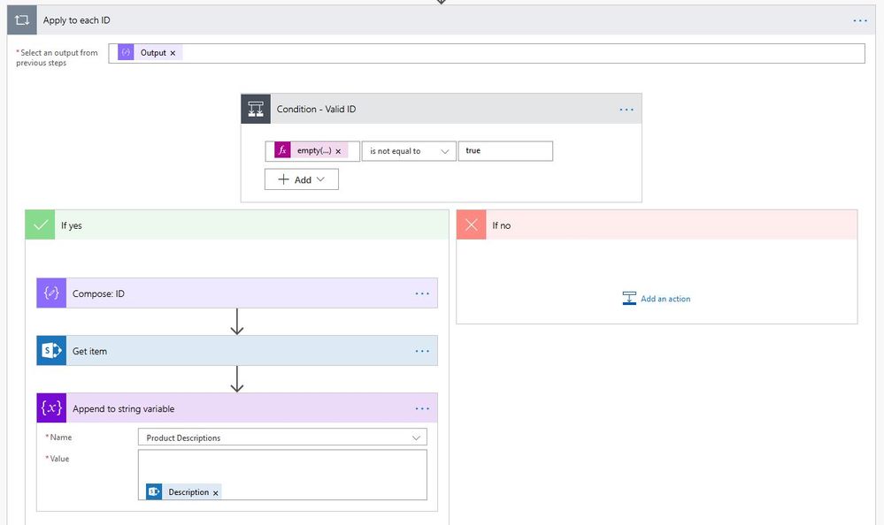 Next, we loop over each product ID in the array, make sure that the array entry is valid (because we appended an extra semicolon to the end when we compose the array), get each item from the sharepoint list with the desired IDs, and appends the description to a string variable