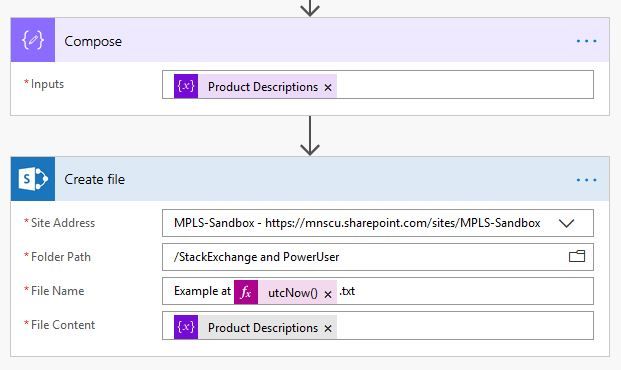 Finally, I composed the variable just for testing (you can obmit this action), and use Create File to make a file in a SharePoint library which contains all of the selected product descriptions