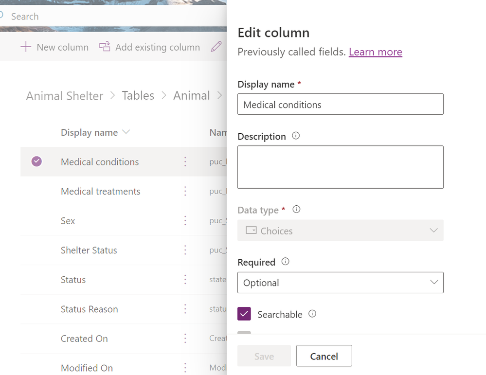 The Medical conditions column in animal table