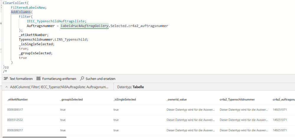 with data as result of AddColumns