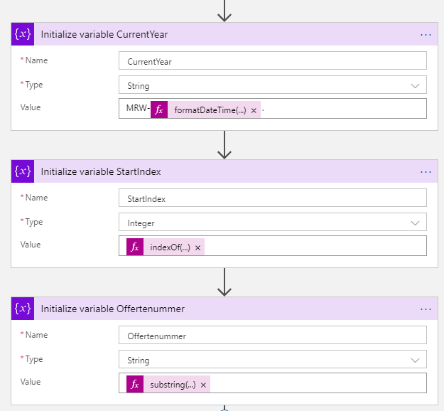 I am extracting the invoice number from the email Subject, and put it in this variable Offertenummer.